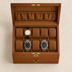 Top view of the 20-slot wooden watch box with three watches of different sizes