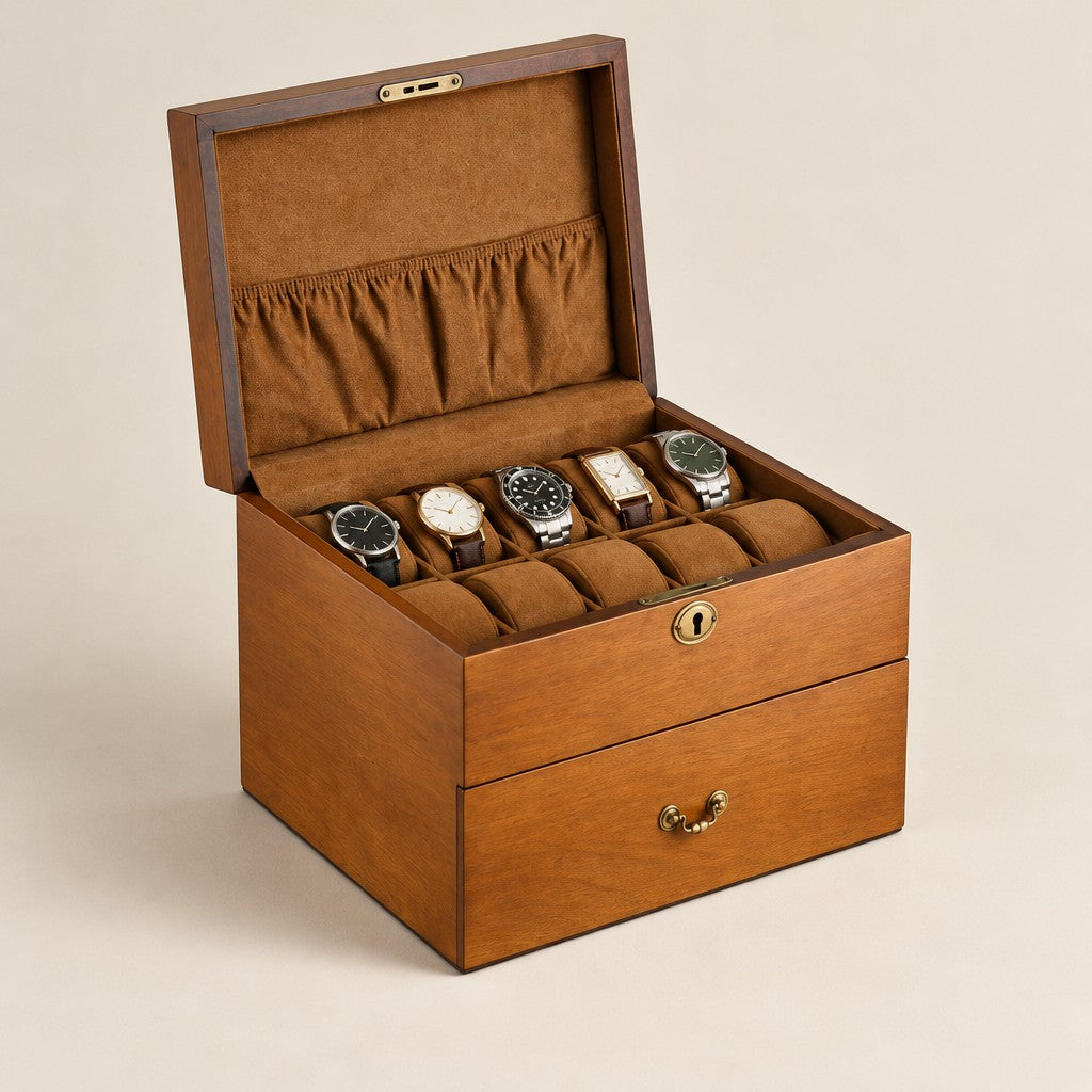 20-slot wooden watch box with lock, solid lid open over ten pillows