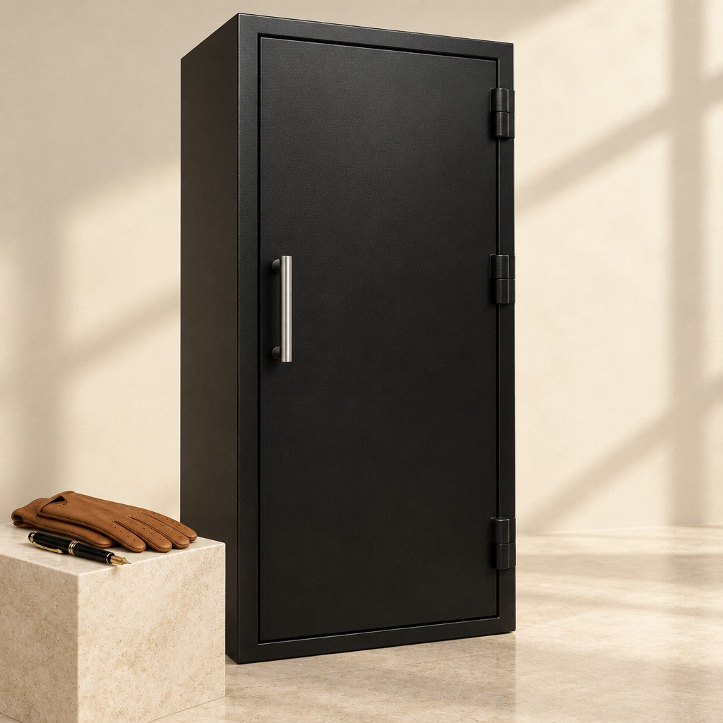 Tall black steel safe cabinet closed, beside a fountain pen and leather gloves