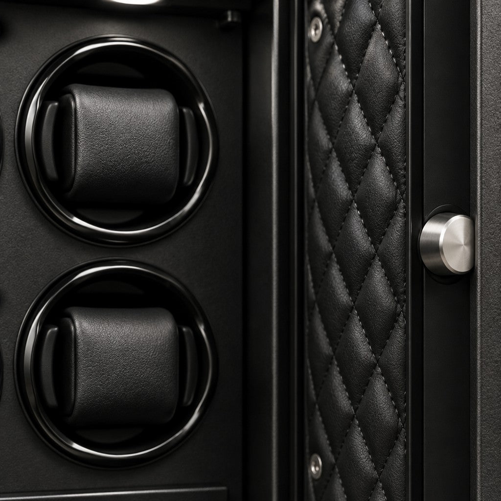 Close-up of two cushioned winders and the quilted inner door with its steel bolt