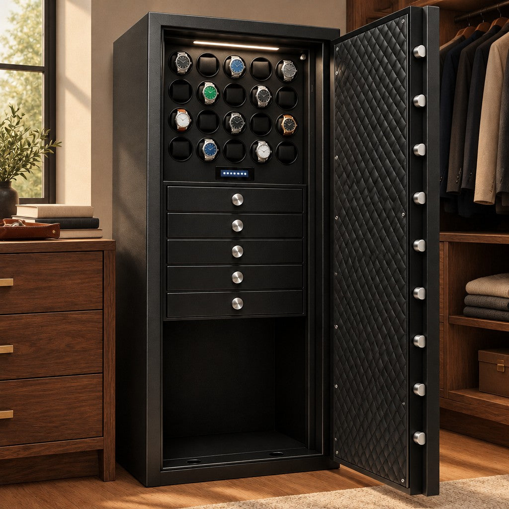 20-watch winder safe cabinet in a dressing room beside a chest of drawers