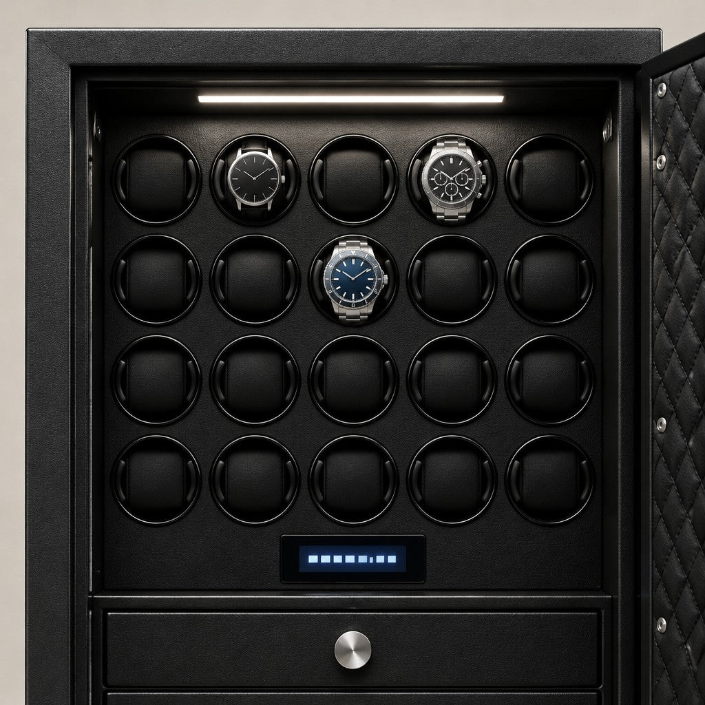 Front view of the twenty winders with watches of different sizes