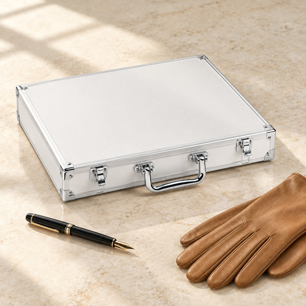 24-slot aluminum watch case closed, beside a fountain pen and leather gloves