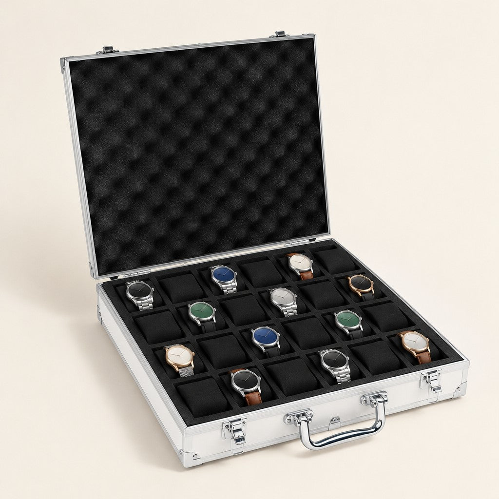 24-slot white aluminum watch case open, foam pillows in 4 rows of 6