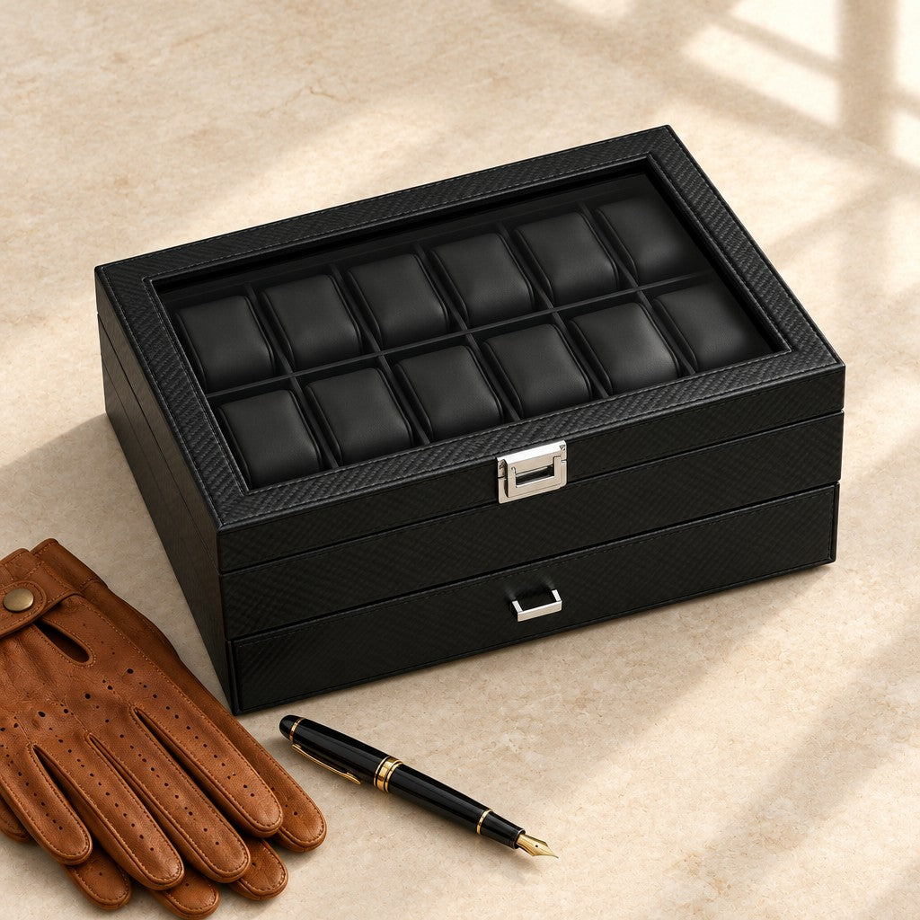 24-slot black watch box closed, beside a fountain pen and leather gloves