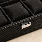 Close-up of the black velvet pillows and silver-tone clasp of the 24-slot box