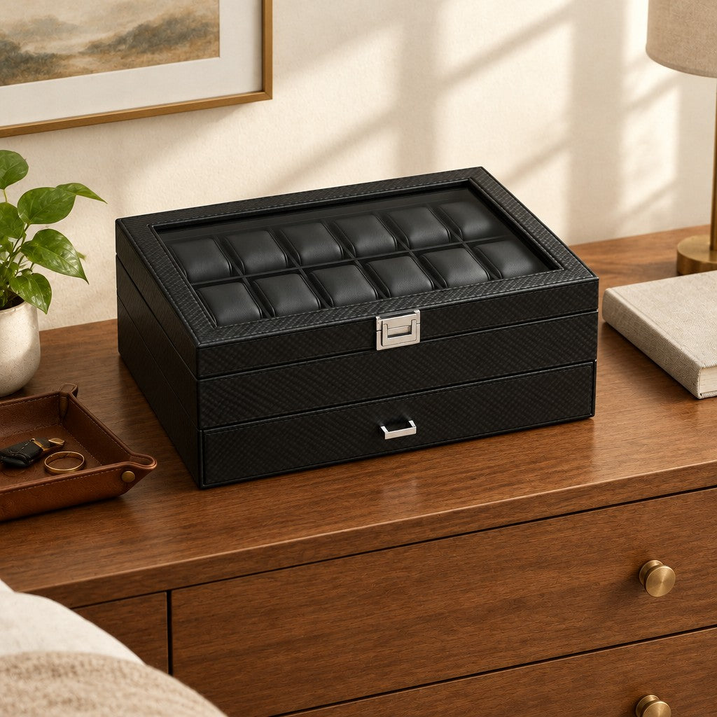 24-slot black faux leather watch box on a wooden chest of drawers