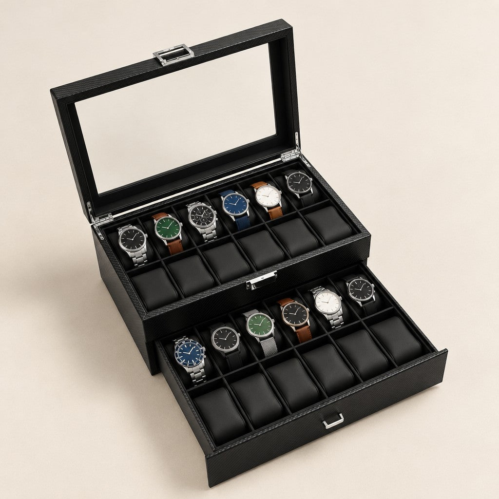 24-slot black faux leather watch box with the glass lid open and the drawer pulled out