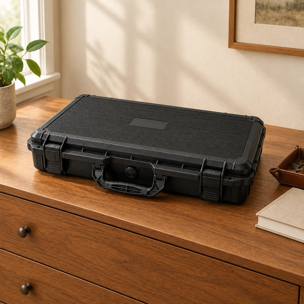 24-slot hard-shell watch case on a wooden chest of drawers