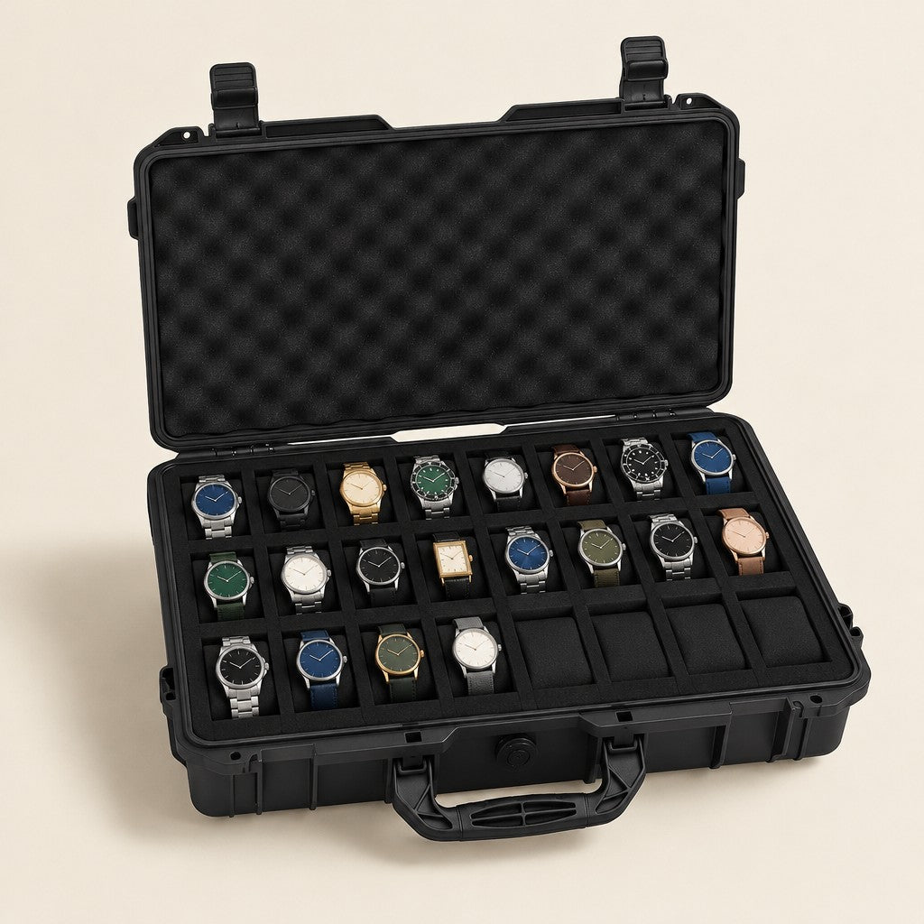 24-slot black hard-shell watch case open, foam compartments in 3 rows of 8