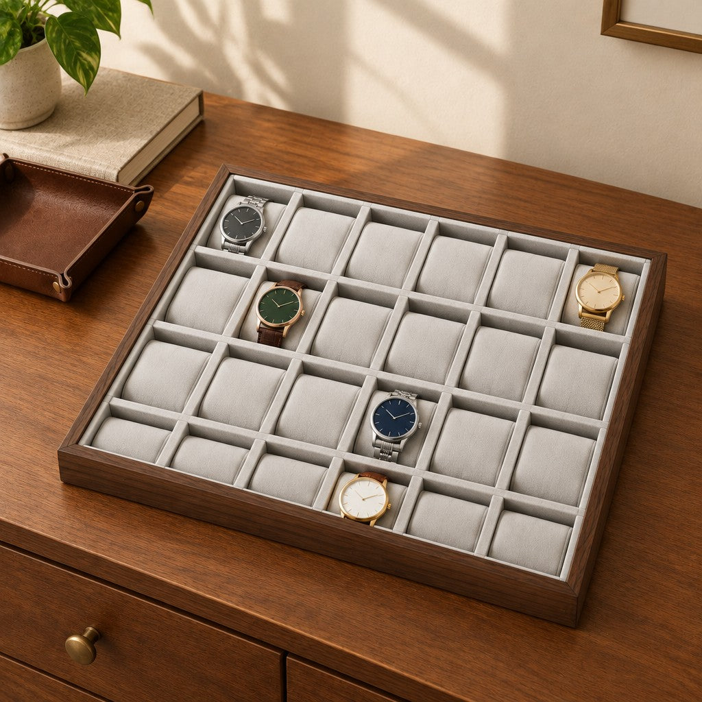 24-slot walnut watch tray on a wooden chest of drawers