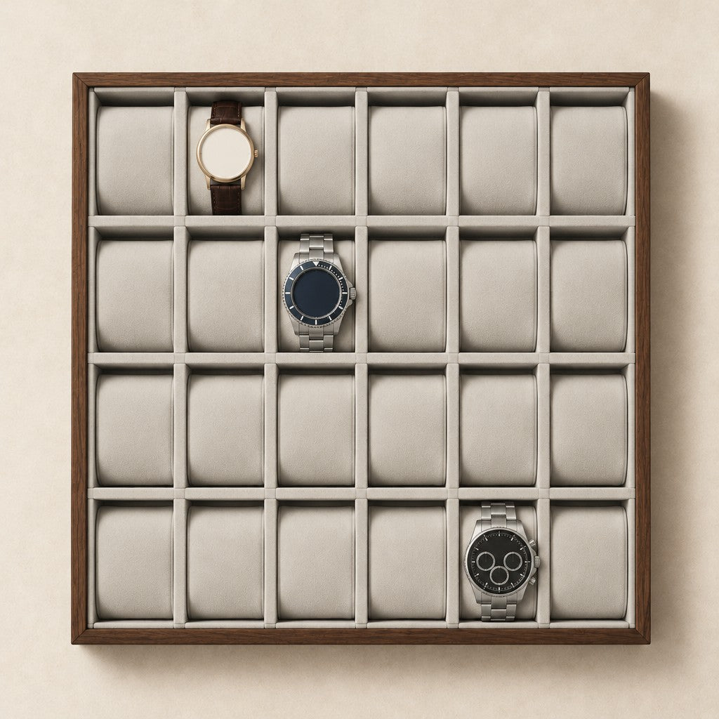 Top view of the 24-slot watch tray with three watches of different sizes