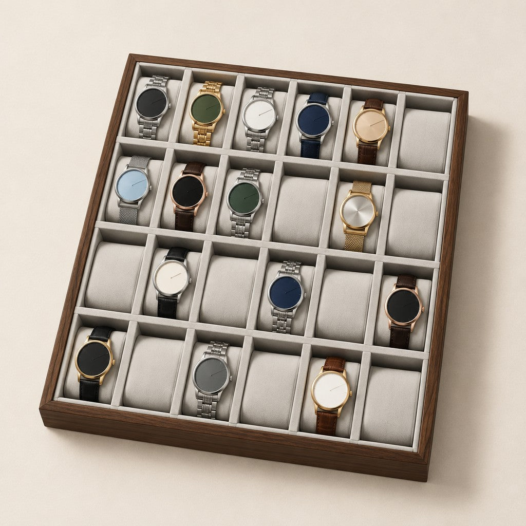 24-slot walnut watch organizer tray with grey pillows and watches
