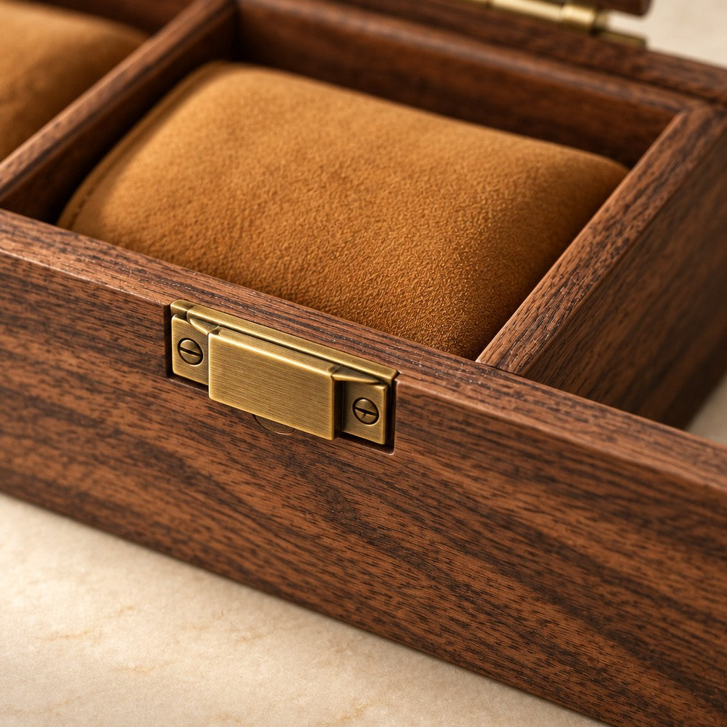 Close-up of the caramel pillows and antique-brass clasp of the 24-slot box