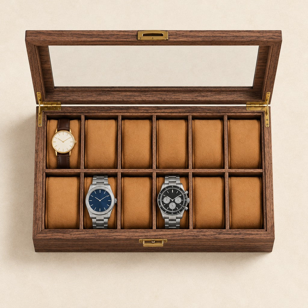 Top view of the 24-slot walnut watch box with three watches of different sizes