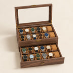 24-slot walnut wood-grain watch box with the lid open and the drawer pulled out