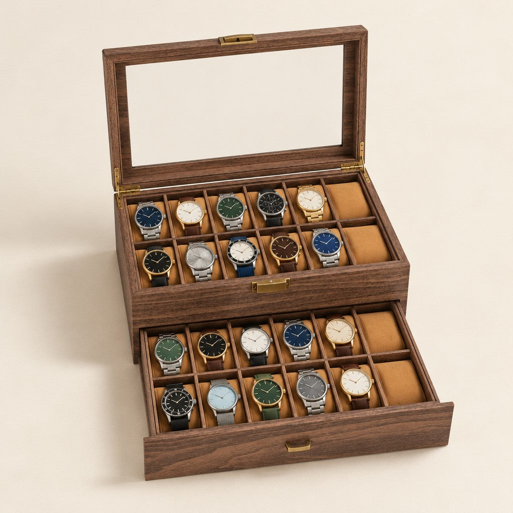 24-slot walnut wood-grain watch box with the lid open and the drawer pulled out