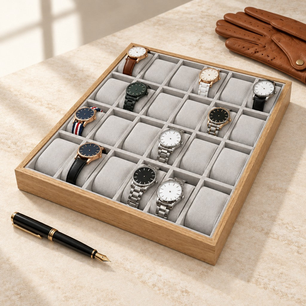24-slot wooden watch tray beside a fountain pen and leather gloves