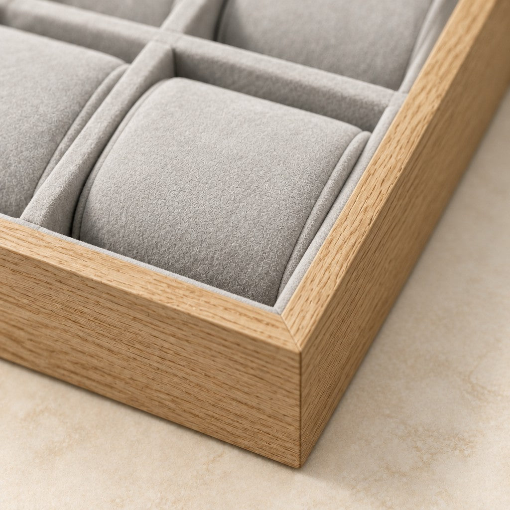Close-up of the grey pillows and wood-grain frame of the watch tray