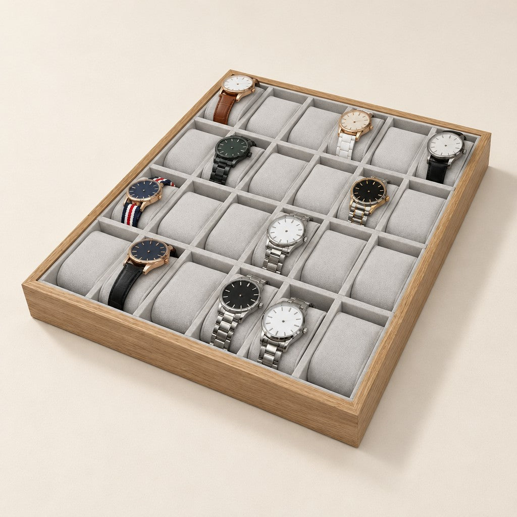 24-slot light wooden watch organizer tray with grey pillows and watches