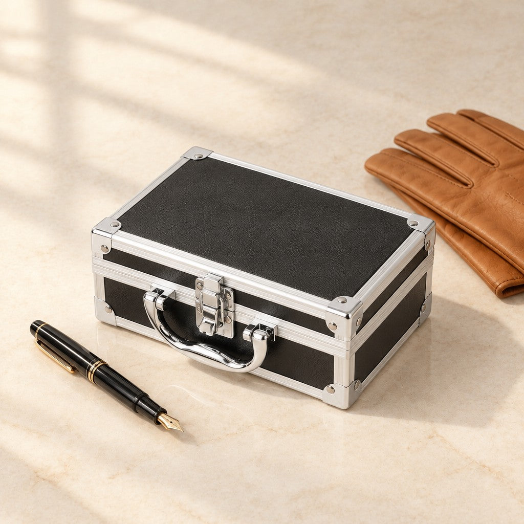 3-slot aluminum watch case closed, beside a fountain pen and leather gloves
