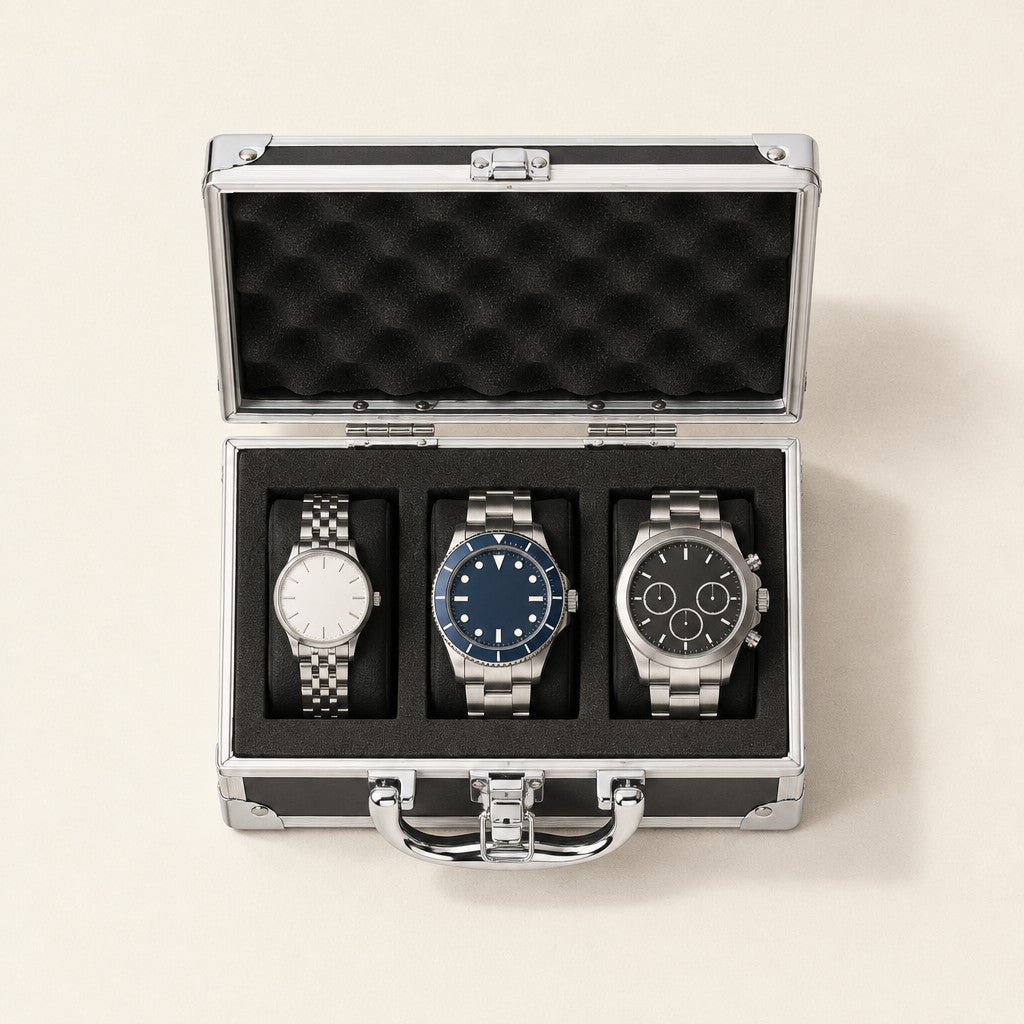 Top view of the 3 slot aluminum watch case with a 36 mm, a 42 mm and a 45 mm watch