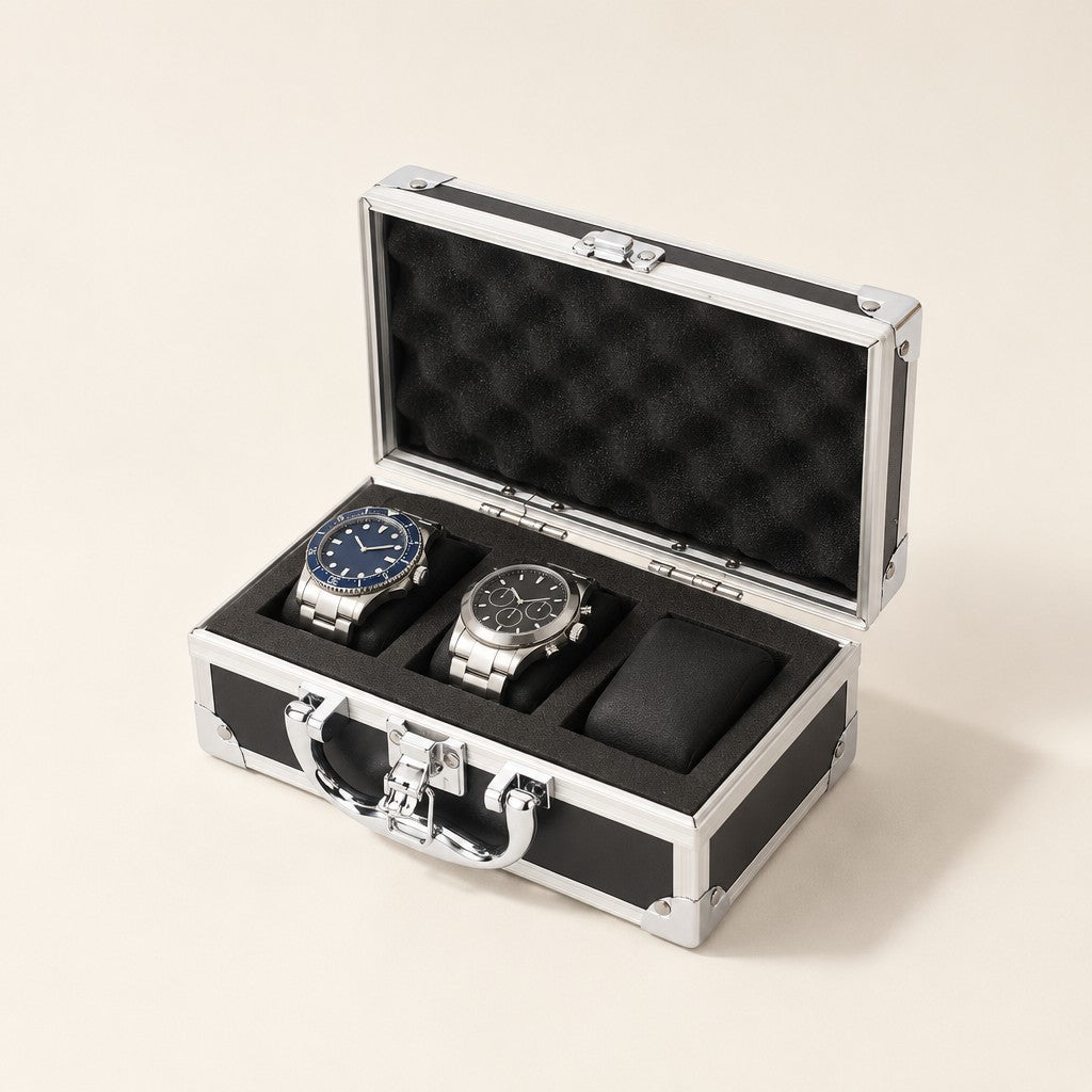 3-slot aluminum watch case open, with padded compartments and a foam-lined lid