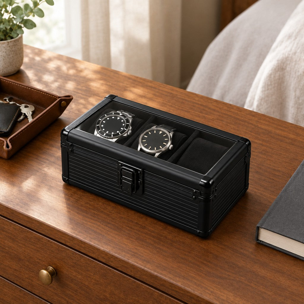 The 3 slot black aluminum watch box on a chest of drawers, for scale