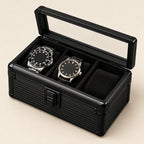 3-slot black aluminum watch box with the window lid open
