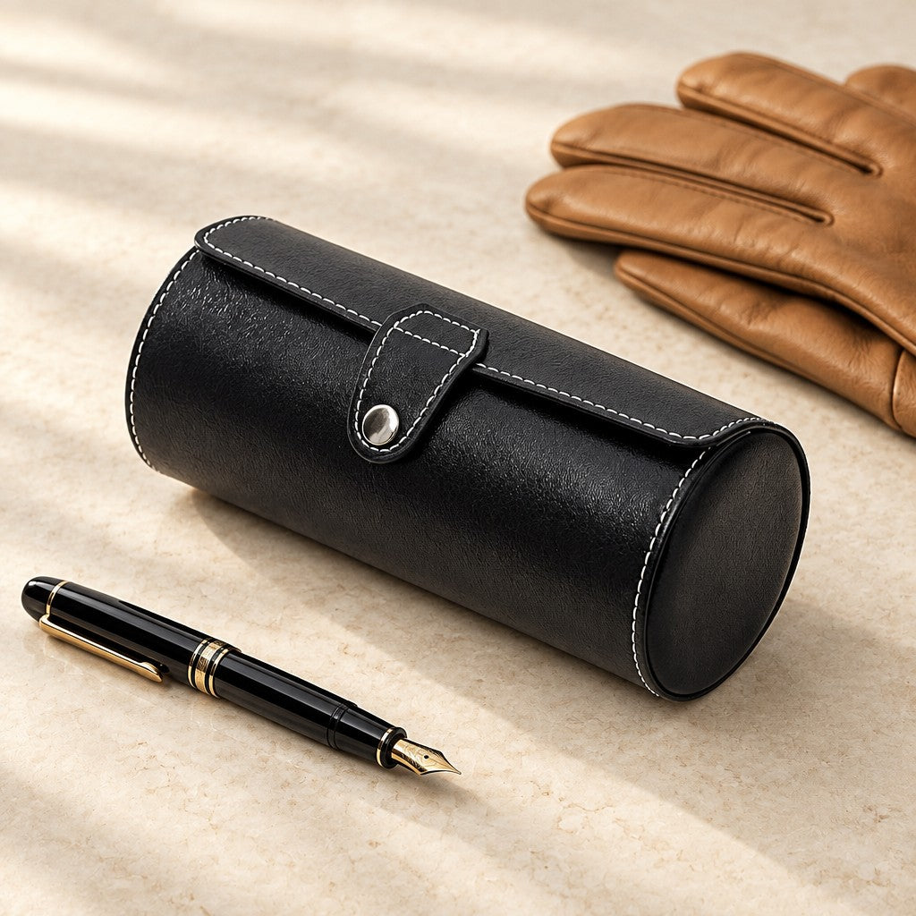 Black watch roll closed, beside a fountain pen and leather gloves