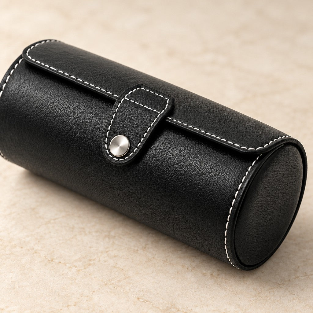 Close-up of the white stitching, tab and metal snap of the black watch roll