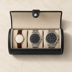 Top view of the 3-Slot Black Leather Watch Roll open, with a 36 mm, a 42 mm and a 45 mm watch