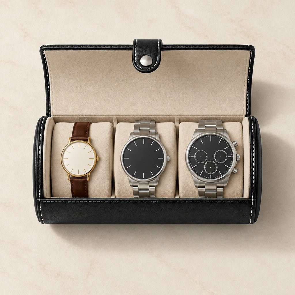 Top view of the 3-Slot Black Leather Watch Roll open, with a 36 mm, a 42 mm and a 45 mm watch