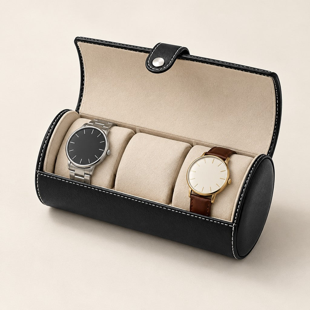 3-slot black faux leather watch roll, open with two watches on cream pillows