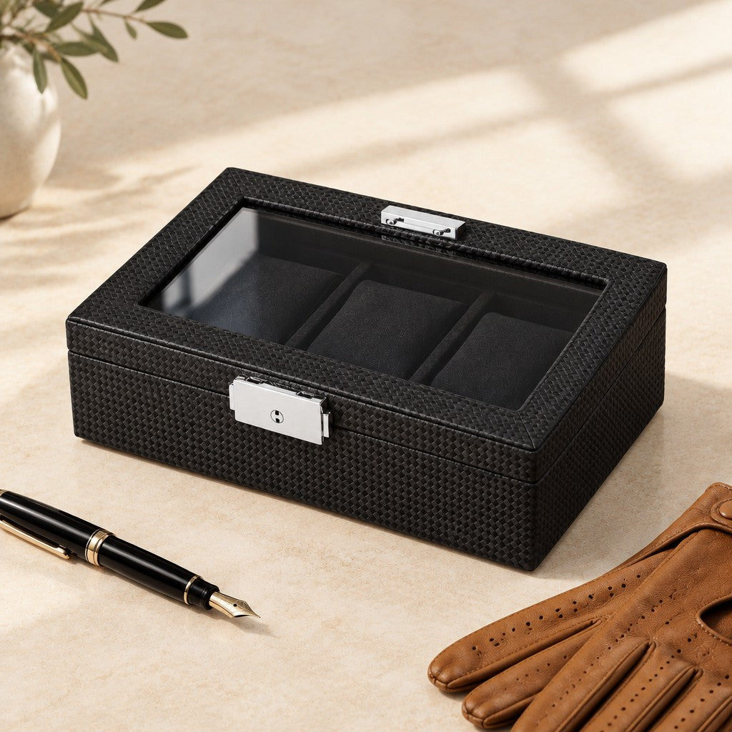 3-slot carbon-pattern watch box with a glass window closed, beside a fountain pen and leather gloves