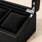 Close-up of the lining and metal clasp of the 3-slot carbon-pattern watch box