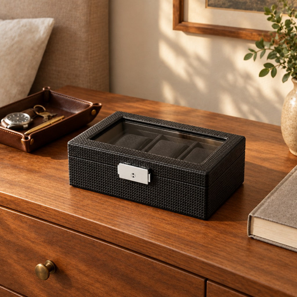 3-slot carbon-pattern watch box on a wooden chest of drawers, beside a leather tray and a book, for scale
