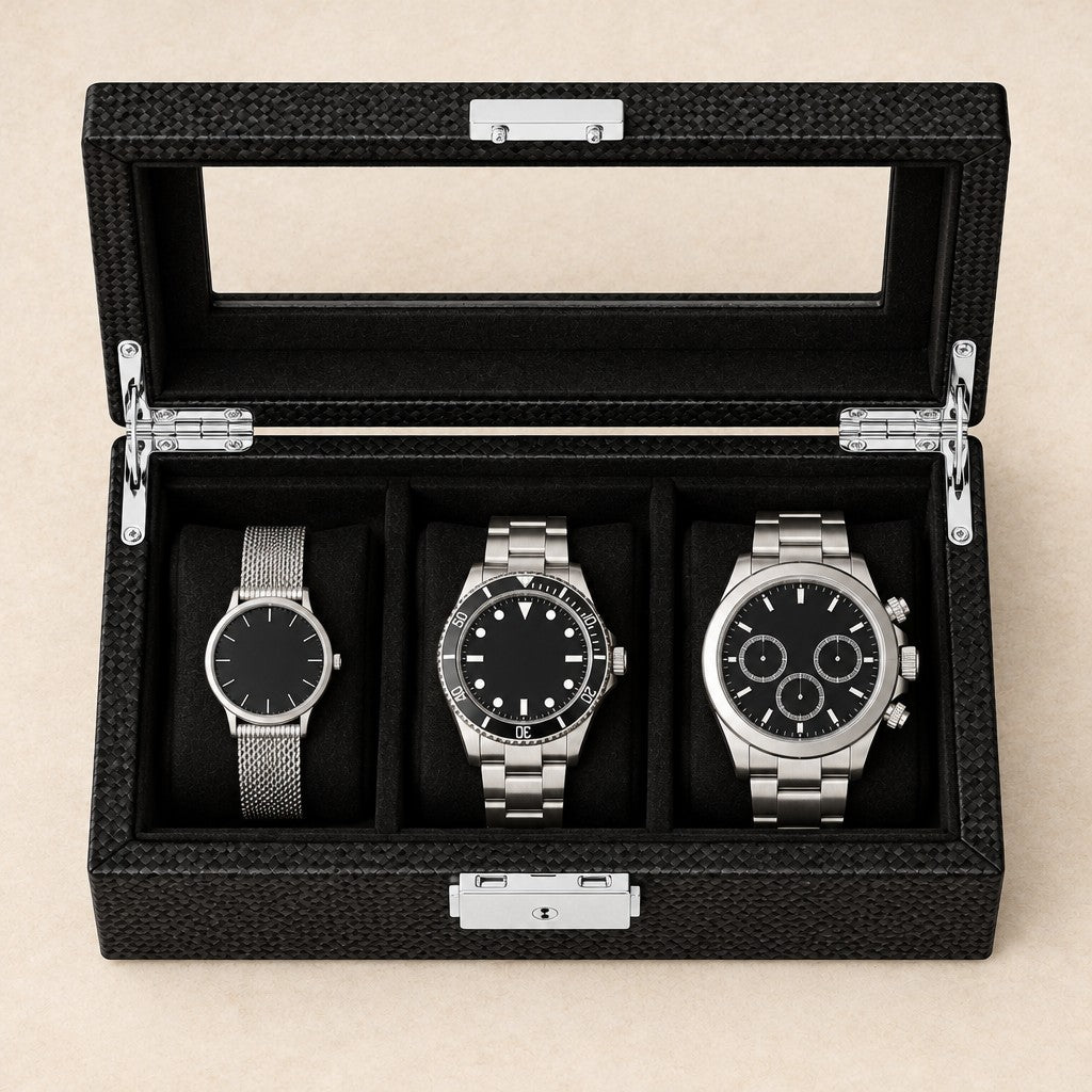 Top view of the 3-slot carbon-pattern watch box with watches of different sizes