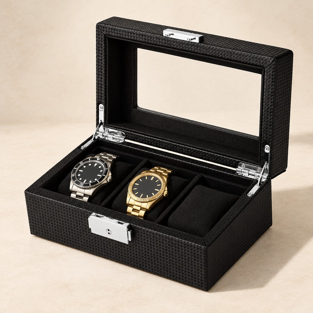 3-slot carbon-pattern watch box with a glass window with the lid open