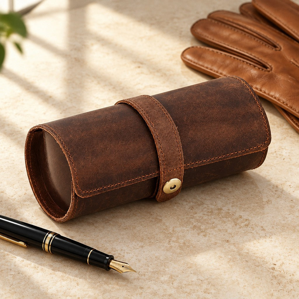 Cowhide leather watch roll closed, beside a fountain pen and leather gloves