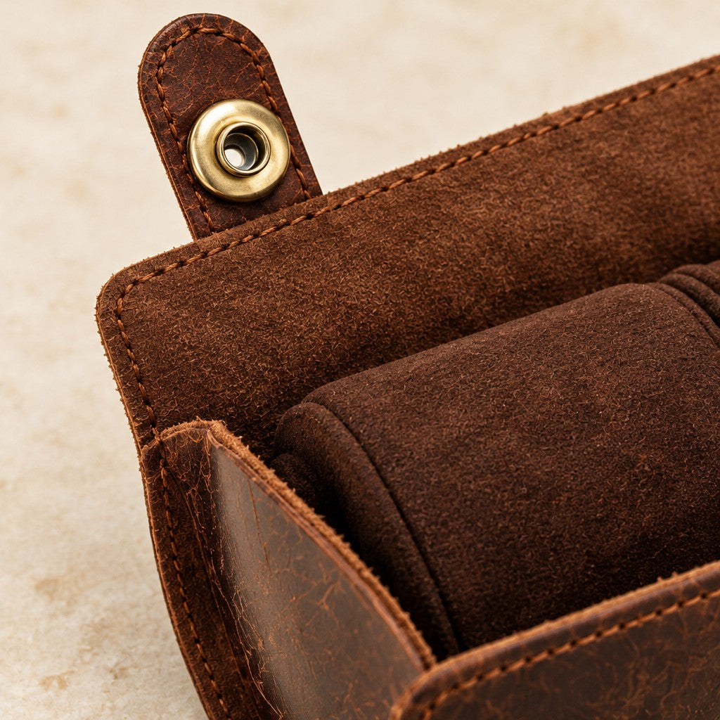 Close-up of the soft interior and snap of the cowhide watch roll