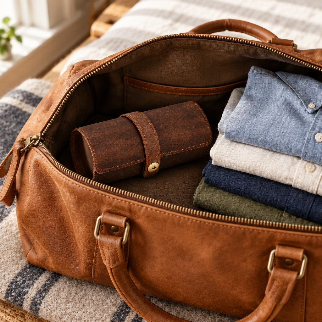 Cowhide watch roll inside an open leather weekender bag