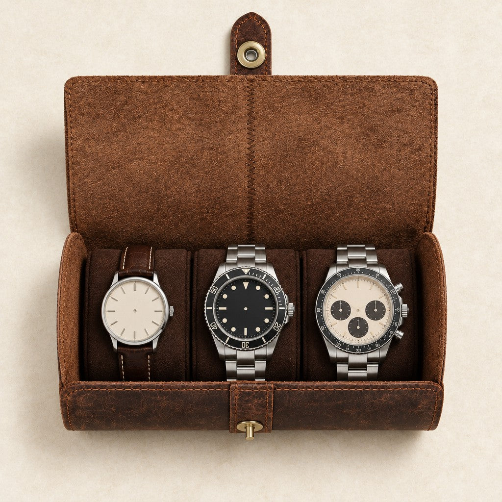 Top view of the open watch roll with three watches of different sizes