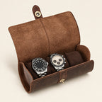 3-slot brown cowhide leather watch roll open with two watches
