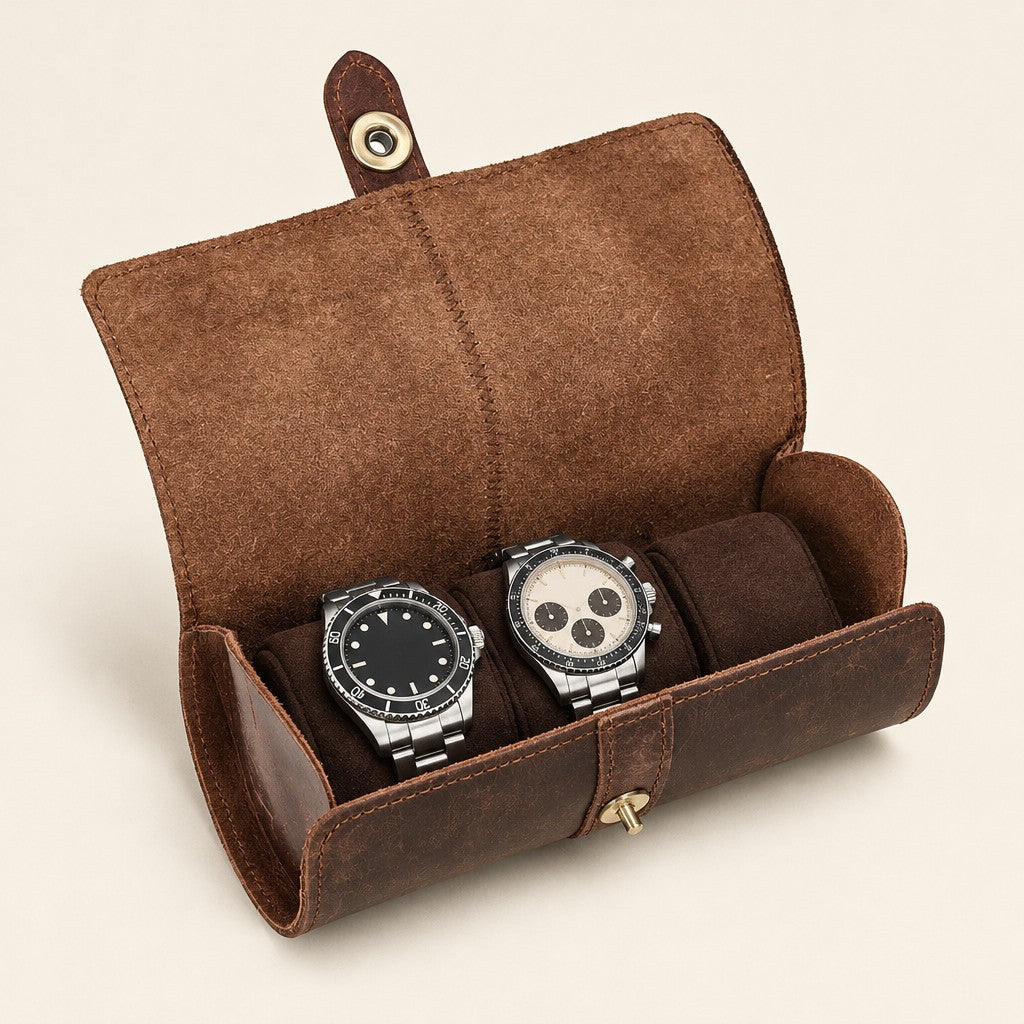 3-slot brown cowhide leather watch roll open with two watches