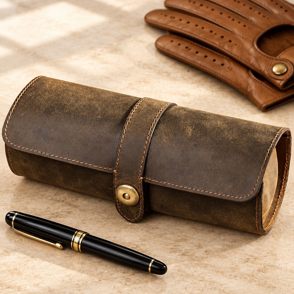 3-slot crazy horse leather watch roll closed, beside a fountain pen and leather gloves