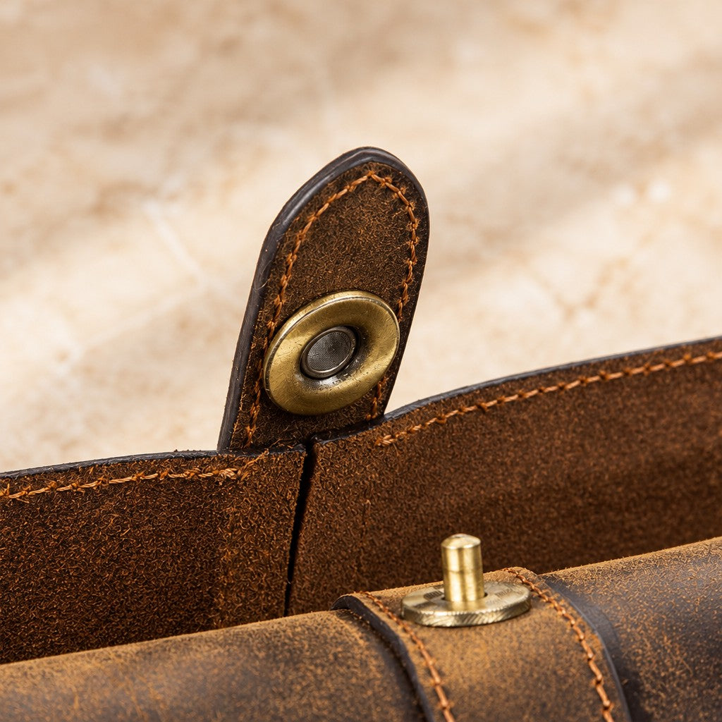 Close-up of the lining and hardware of the 3-slot crazy horse leather watch roll