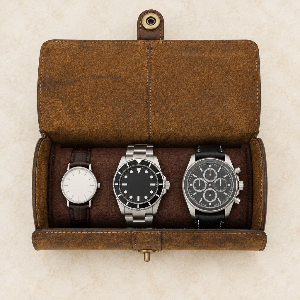 Top view of the open 3-slot crazy horse leather watch roll with watches of different sizes