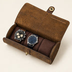 3-slot crazy horse leather watch roll open, watches on its pillows