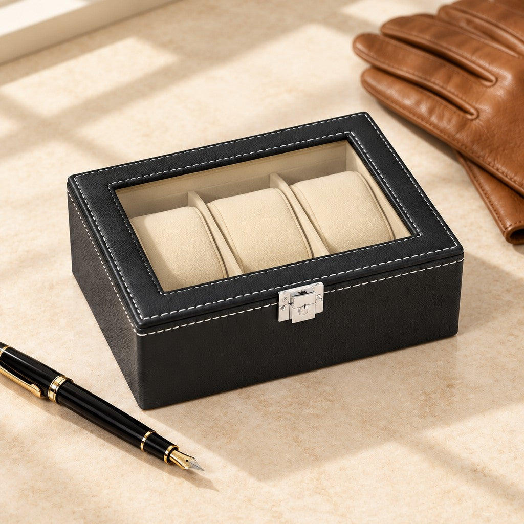 3-slot black faux leather watch box closed, beside a fountain pen and leather gloves